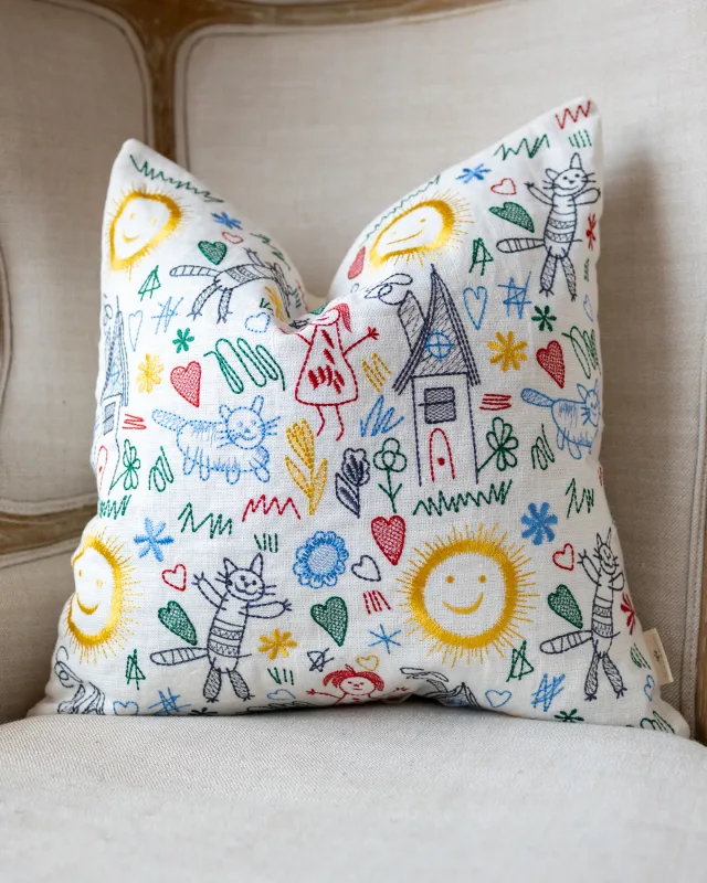 Felix Colorful Kids Drawing Organic Linen Throw Pillow