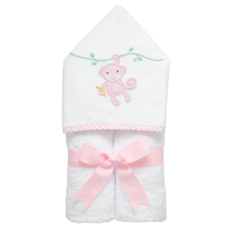 Personalized Baby Girl Pink Monkey Hooded Towel