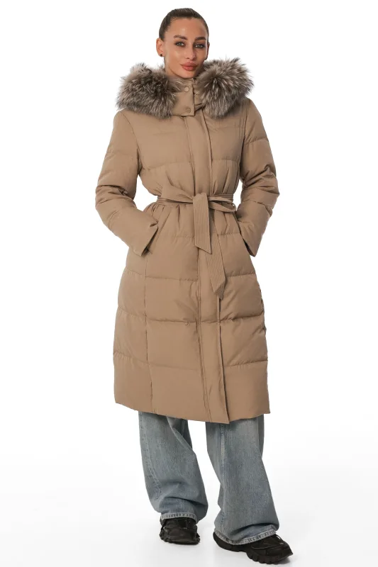 Parker Genuine Fur Trim Down Coat in Beige