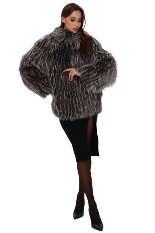 Reversible Genuine Silver Fox Down Fill Coat in Grey