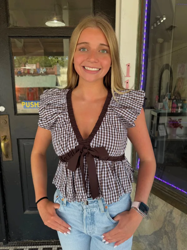 Deep V Neck Bubble Gingham Blouse Top