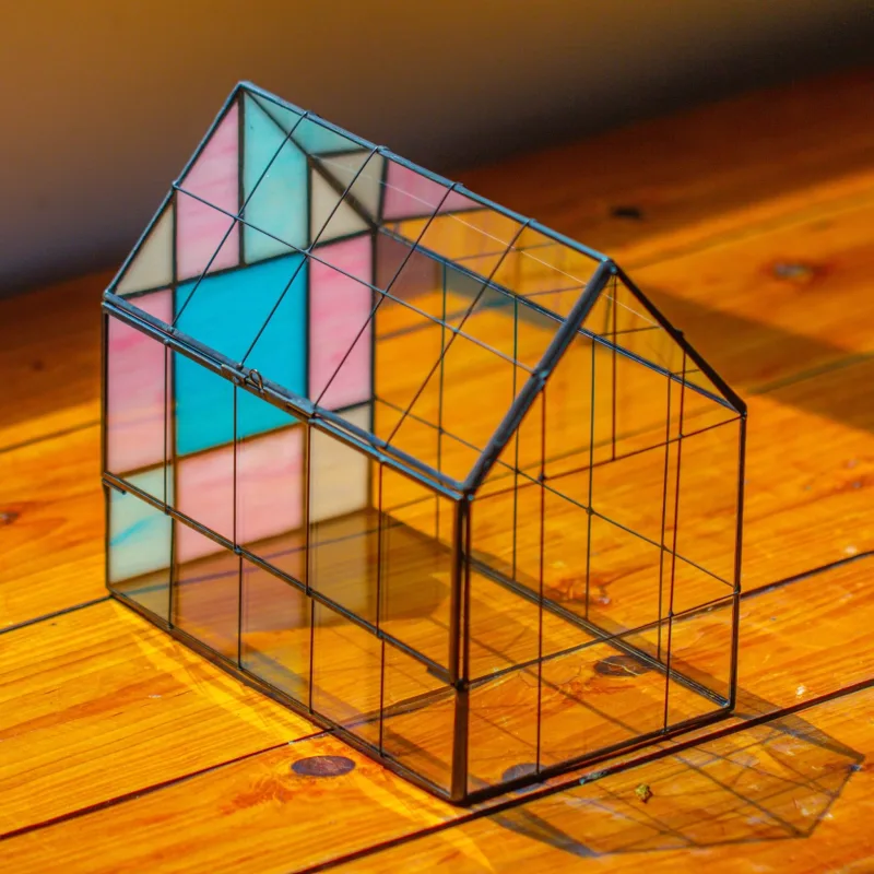 Blue Pink White Stained Glass House Shape Geometric Terrarium, Vintage Style, Close