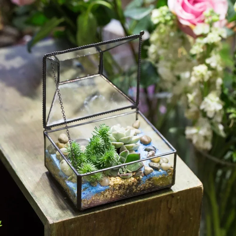 Handmade Small Jewelry Box Geometric Glass Terrarium with Cover for Airplants Succulents Moss Ring