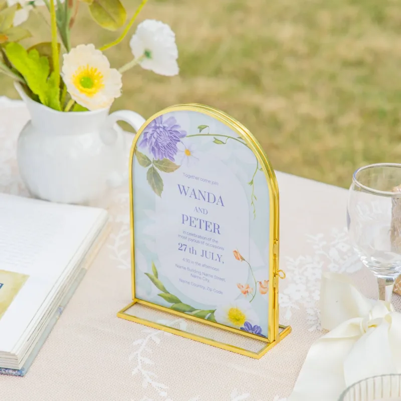 5x7'' Arched Brass and Double Glass Frame, for Pressed Flowers, Table Number Holder
