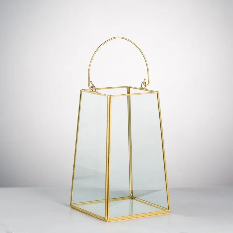 Handmade Copper Gold Echelon Geometric Glass Terrarium Hanging Wall Holder Lantern with Handle